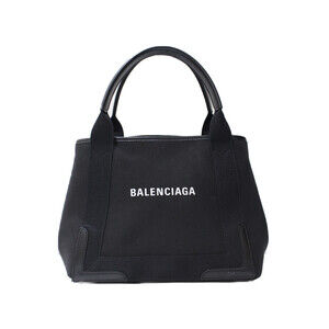 BALENCIAGA Navy Blue Cabas Handbag Tote Bag Pouch Canvas Leather Black